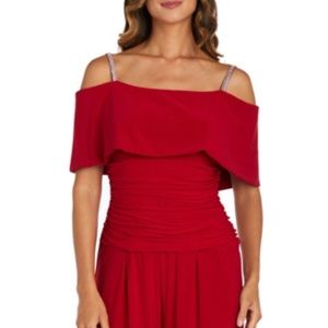 R&M Richards Women’s Off the Shoulder Red Ruched Jumpsuit Size 10 Worn Once